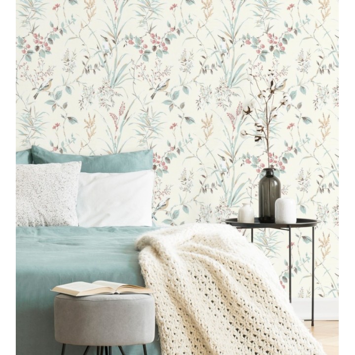 Papel pintado de ramas flores y pájaros estilo romántico fondo blanco - Alison Garden 681950