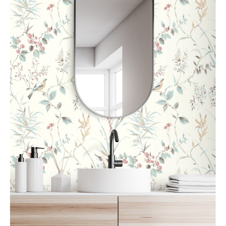Papel pintado de ramas flores y pájaros estilo romántico fondo blanco - Alison Garden 681950