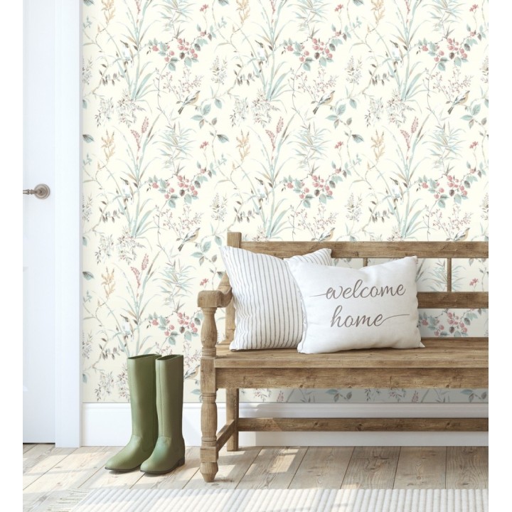 Papel pintado de ramas flores y pájaros estilo romántico fondo blanco - Alison Garden 681950