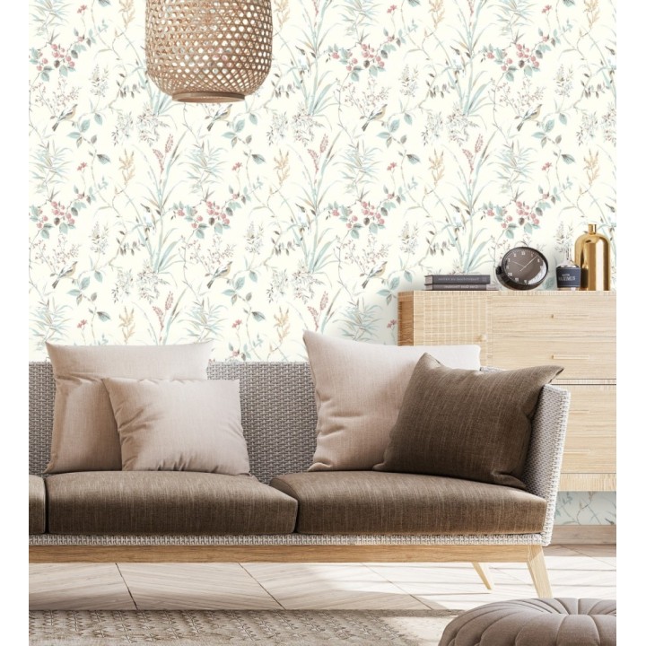 Papel pintado de ramas flores y pájaros estilo romántico fondo blanco - Alison Garden 681950