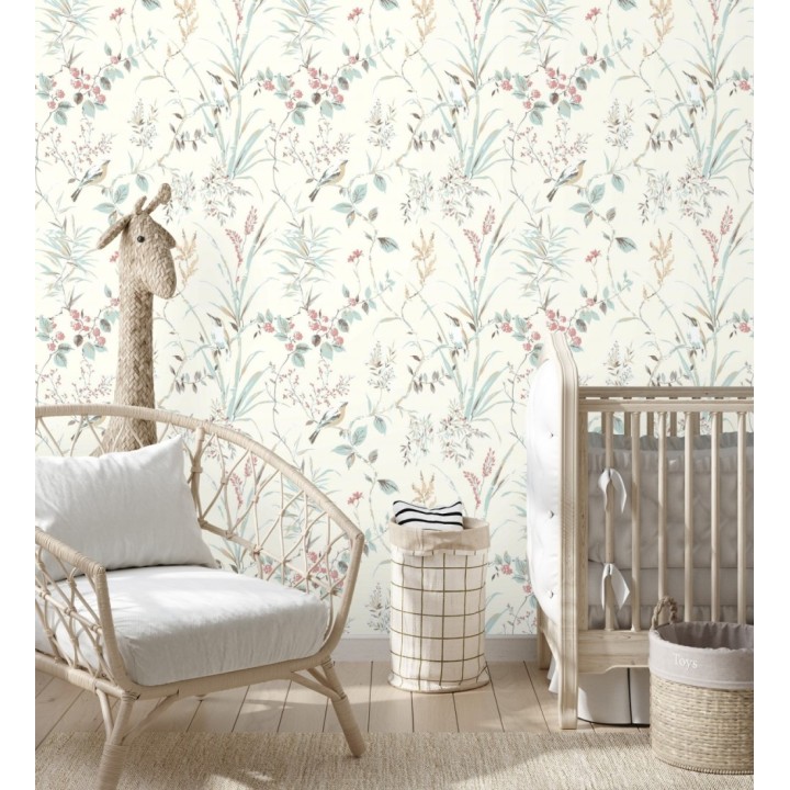 Papel pintado de ramas flores y pájaros estilo romántico fondo blanco - Alison Garden 681950