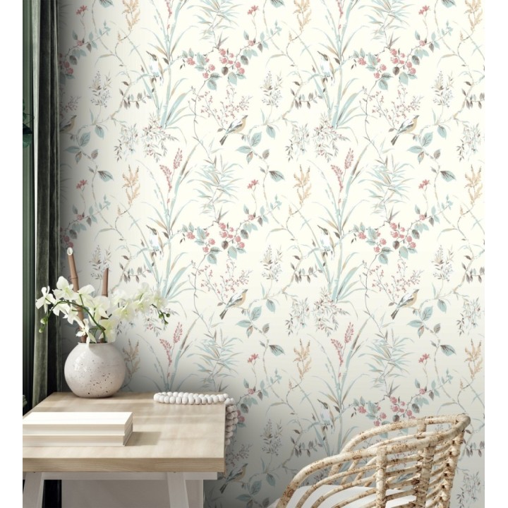 Papel pintado de ramas flores y pájaros estilo romántico fondo blanco - Alison Garden 681950