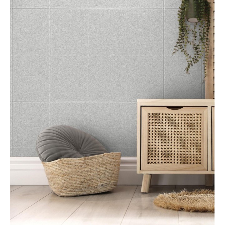 Papel pintado cuadros de cuero cosidos en relieve tonos gris perlado - Makeda 681954