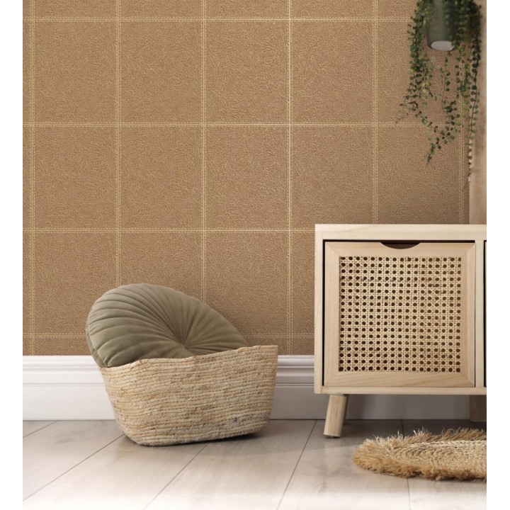 Papel pintado piel cuadros de cuero cosidos en relieve tonos tierra - Makeda 681955