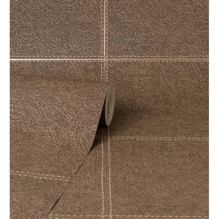 Papel pintado piel cuadros de cuero cosidos en relieve tonos marrón pardo - Makeda 681956