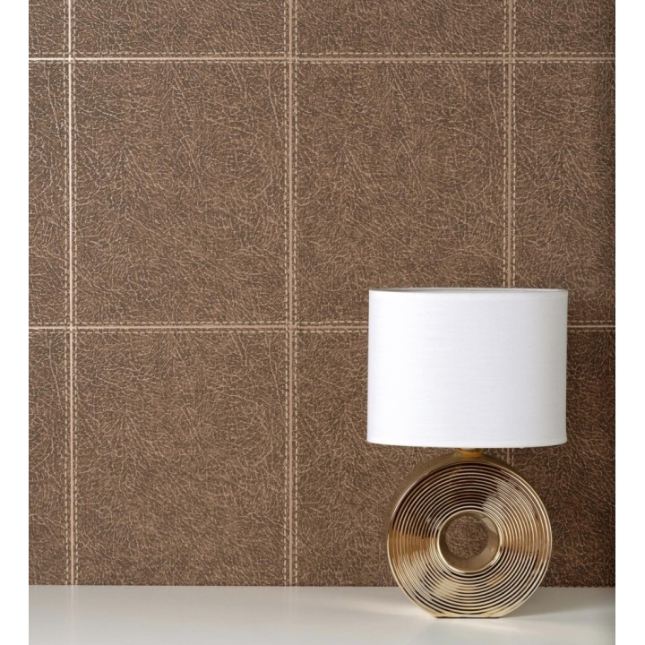 Papel pintado piel cuadros de cuero cosidos en relieve tonos marrón pardo - Makeda 681956