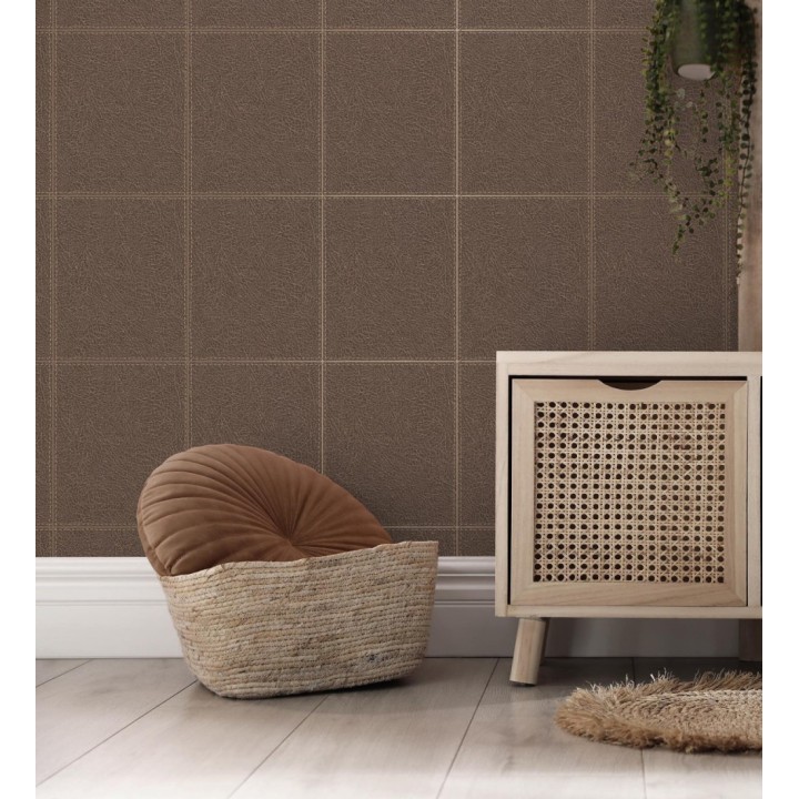 Papel pintado piel cuadros de cuero cosidos en relieve tonos marrón pardo - Makeda 681956