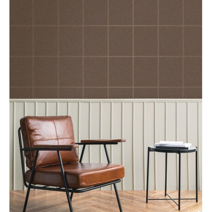 Papel pintado piel cuadros de cuero cosidos en relieve tonos marrón pardo - Makeda 681956