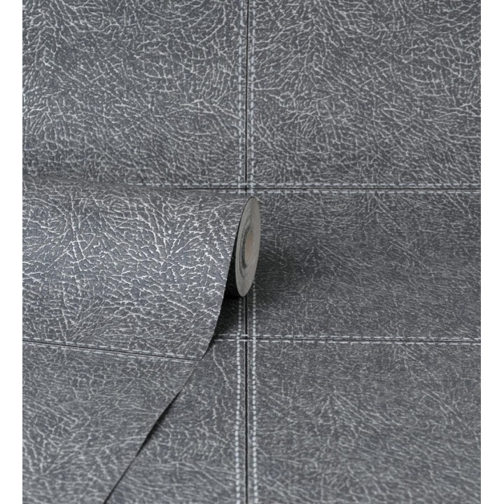 Papel pintado piel cuadros de cuero cosidos en relieve tonos grises - Makeda 681957