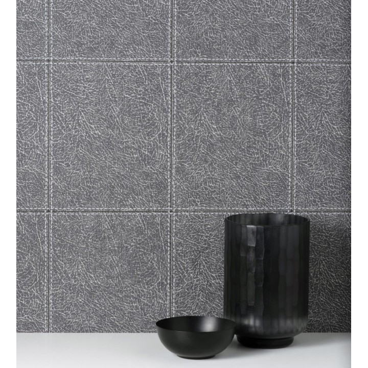 Papel pintado piel cuadros de cuero cosidos en relieve tonos grises - Makeda 681957