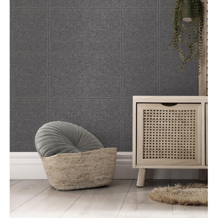 Papel pintado piel cuadros de cuero cosidos en relieve tonos grises - Makeda 681957