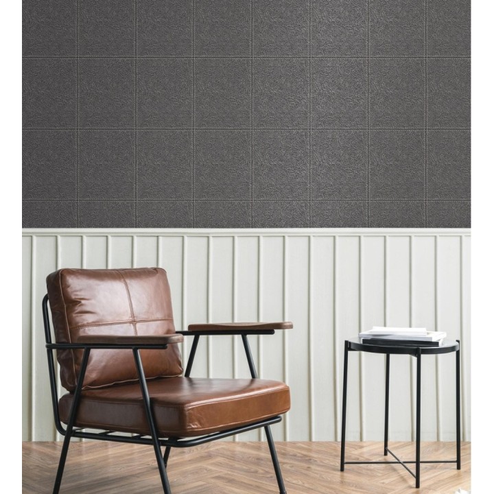 Papel pintado piel cuadros de cuero cosidos en relieve tonos grises - Makeda 681957