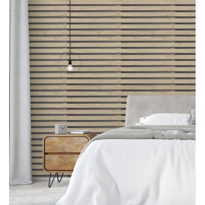 Papel pintado listones de madera natural en paneles fondo oscuro - Thabo 681958