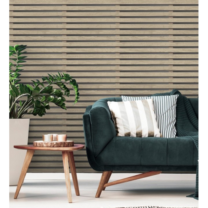 Papel pintado listones de madera natural en paneles fondo oscuro - Thabo 681958