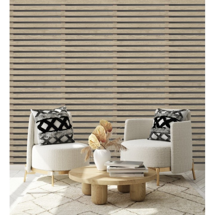 Papel pintado listones de madera natural en paneles fondo oscuro - Thabo 681958
