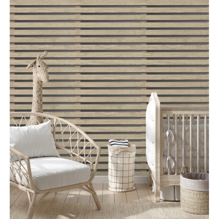 Papel pintado listones de madera natural en paneles fondo oscuro - Thabo 681958
