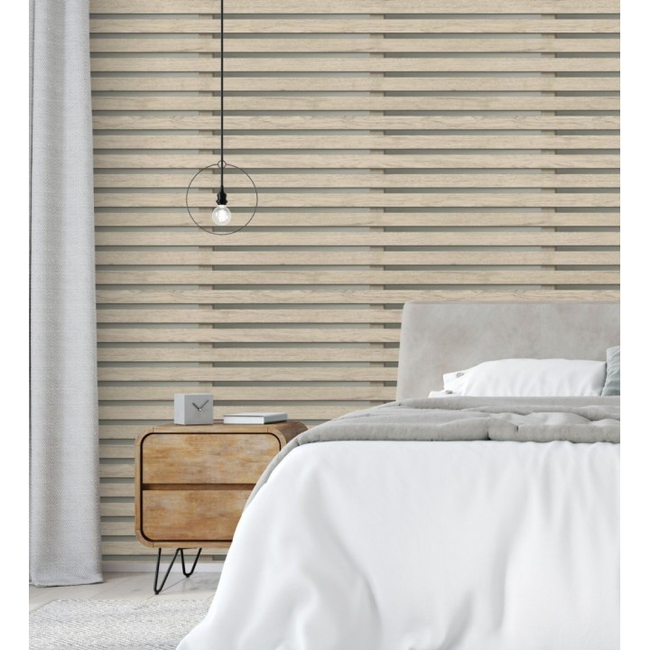 Papel pintado listones de madera natural en paneles fondo claro - Thabo 681959