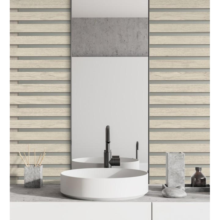 Papel pintado listones de madera natural en paneles fondo claro - Thabo 681959