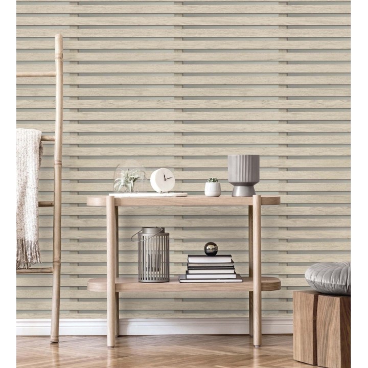 Papel pintado listones de madera natural en paneles fondo claro - Thabo 681959