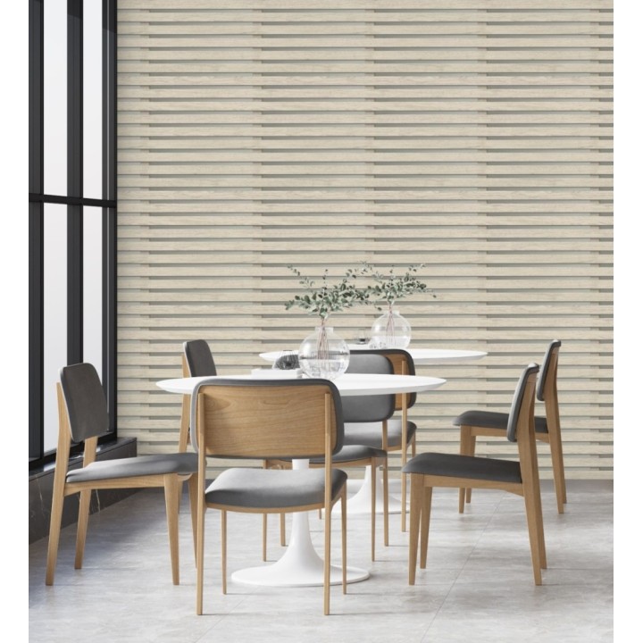 Papel pintado listones de madera natural en paneles fondo claro - Thabo 681959