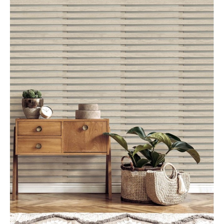 Papel pintado listones de madera natural en paneles fondo claro - Thabo 681959