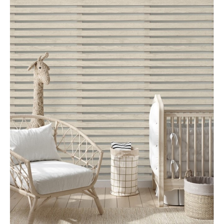 Papel pintado listones de madera natural en paneles fondo claro - Thabo 681959