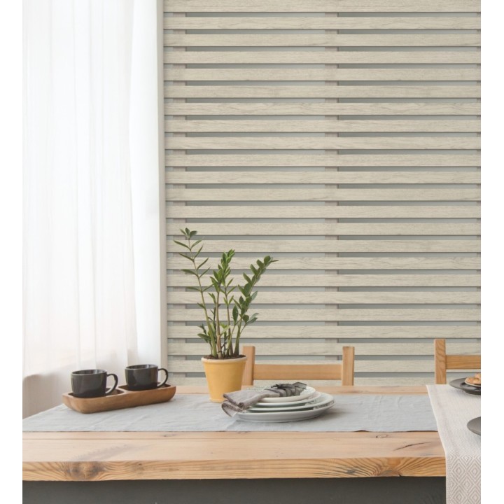 Papel pintado listones de madera natural en paneles fondo claro - Thabo 681959