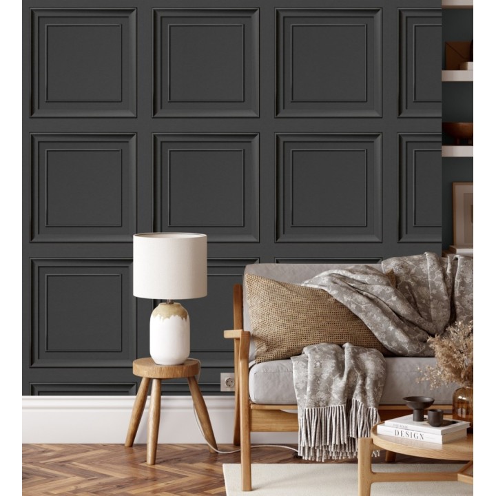 Papel pintado friso cuarterones de madera negra - Everton 681960