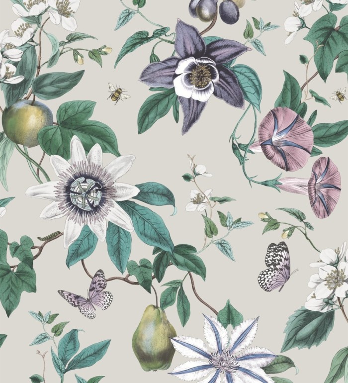 Papel pintado de flores y frutos fondo nácar beige - Amber Flowers 681966