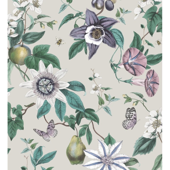 Papel pintado de flores y frutos fondo nácar beige - Amber Flowers 681966