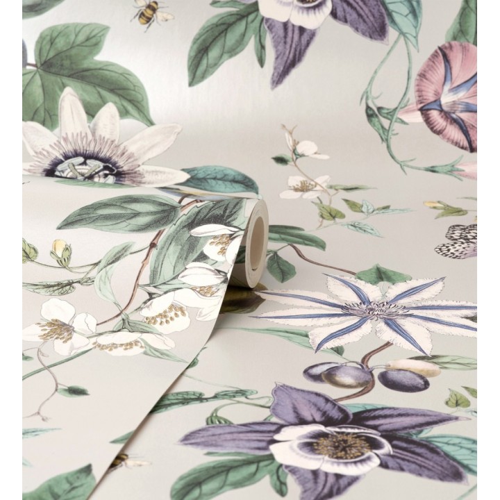 Papel pintado de flores y frutos fondo nácar beige - Amber Flowers 681966