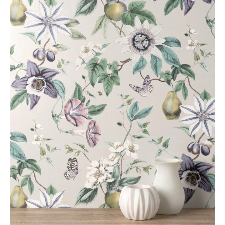 Papel pintado de flores y frutos fondo nácar beige - Amber Flowers 681966