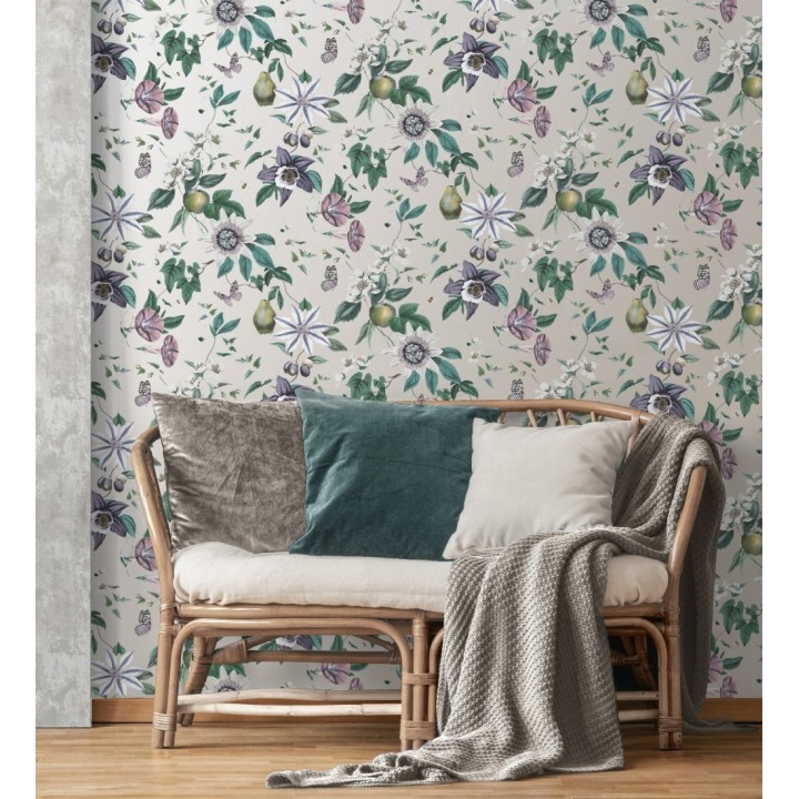 Papel pintado de flores y frutos fondo nácar beige - Amber Flowers 681966