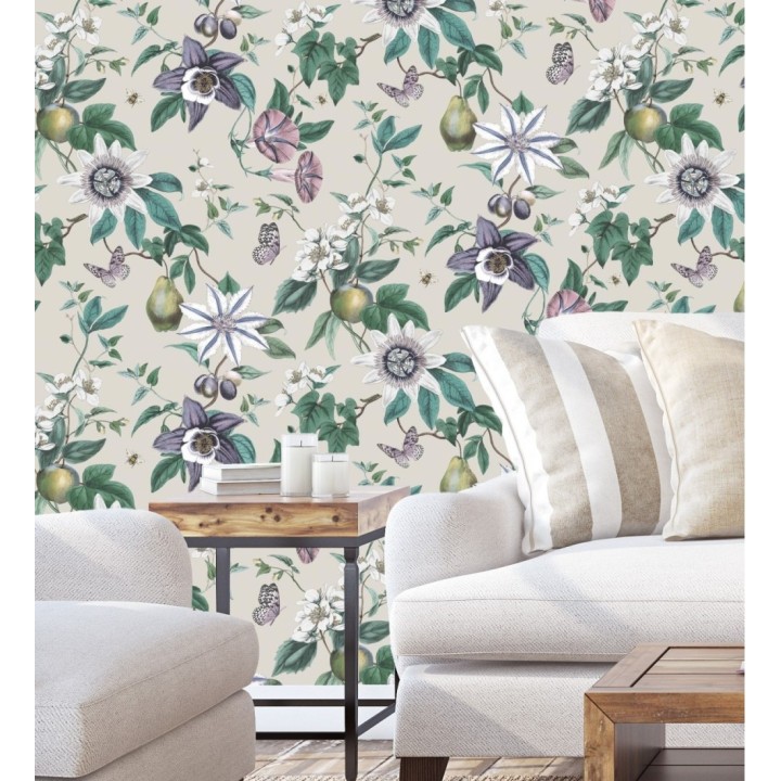 Papel pintado de flores y frutos fondo nácar beige - Amber Flowers 681966