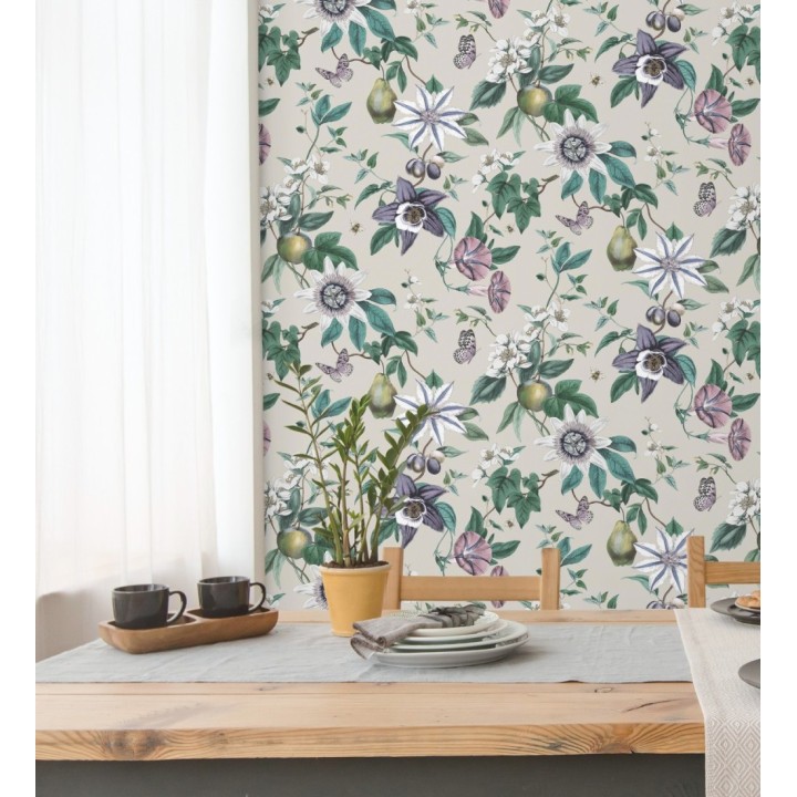 Papel pintado de flores y frutos fondo nácar beige - Amber Flowers 681966