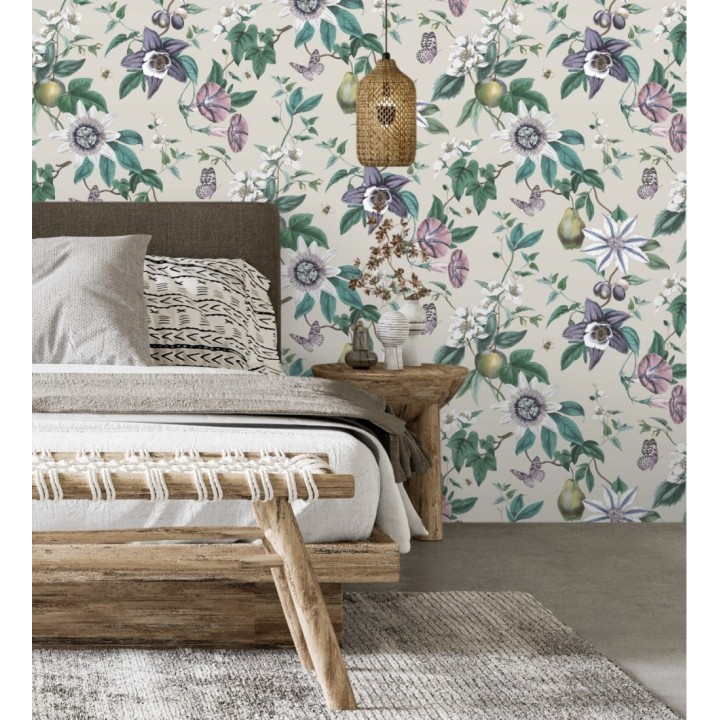 Papel pintado de flores y frutos fondo nácar beige - Amber Flowers 681966