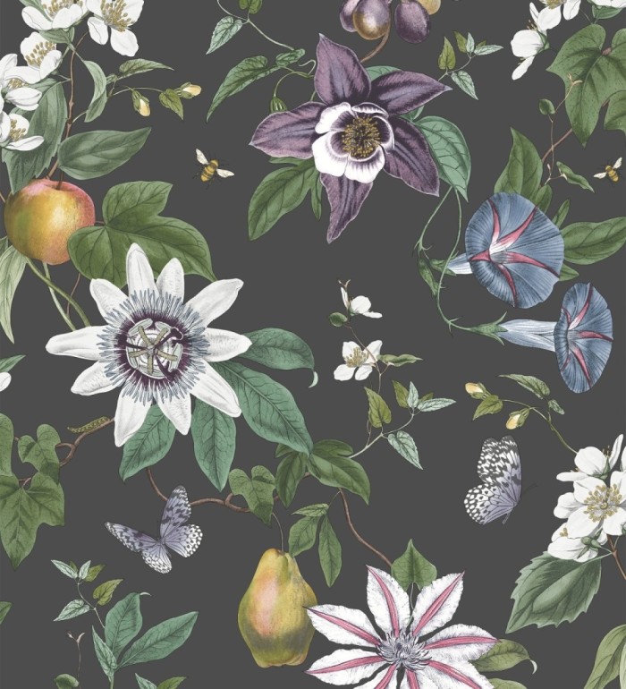 Papel pintado de flores y frutos fondo nácar negro - Amber Flowers 681967