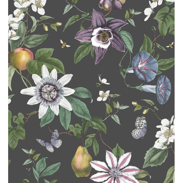 Papel pintado de flores y frutos fondo nácar negro - Amber Flowers 681967