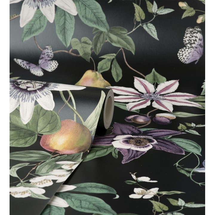 Papel pintado de flores y frutos fondo nácar negro - Amber Flowers 681967