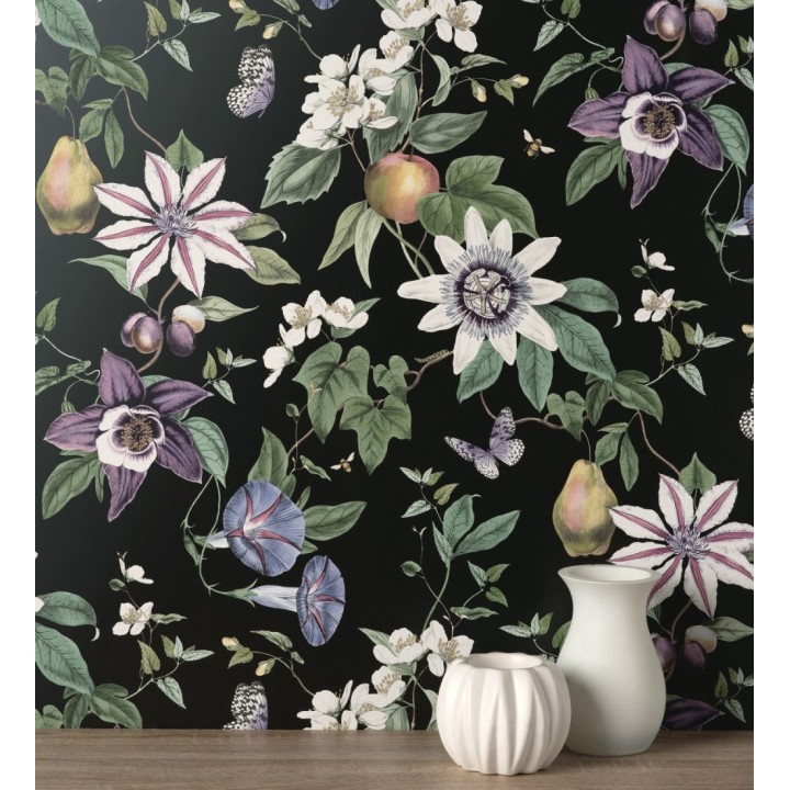 Papel pintado de flores y frutos fondo nácar negro - Amber Flowers 681967