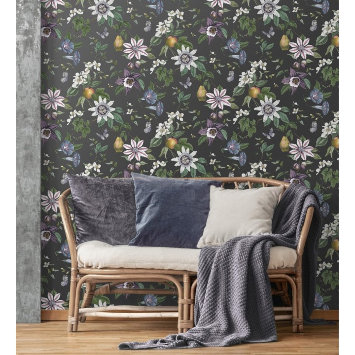 Papel pintado de flores y frutos fondo nácar negro - Amber Flowers 681967