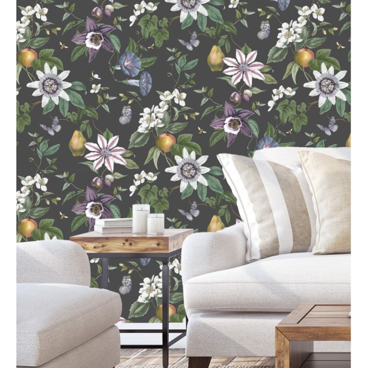 Papel pintado de flores y frutos fondo nácar negro - Amber Flowers 681967