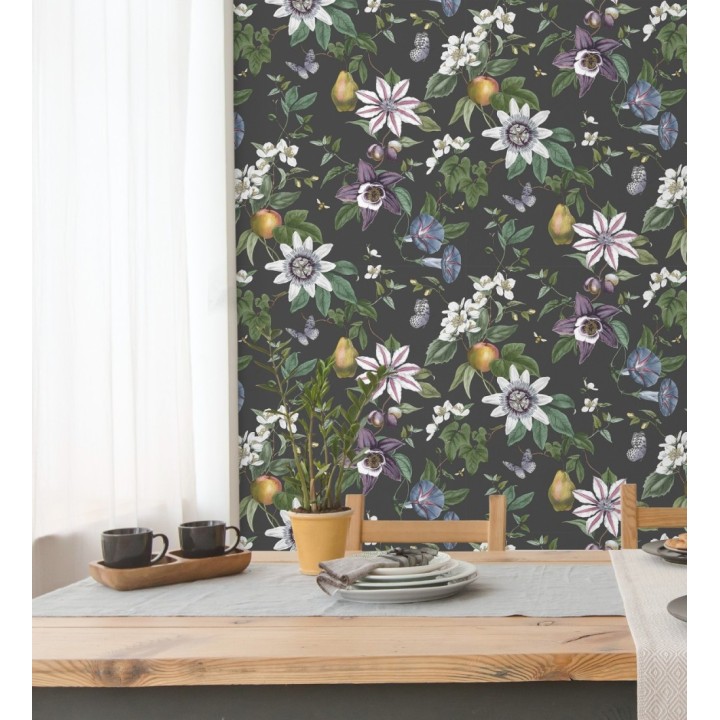 Papel pintado de flores y frutos fondo nácar negro - Amber Flowers 681967