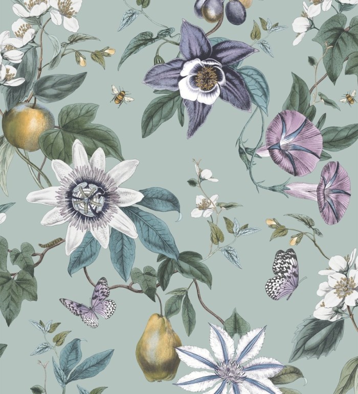 Papel pintado de flores y frutos fondo nácar turquesa - Amber Flowers 681968