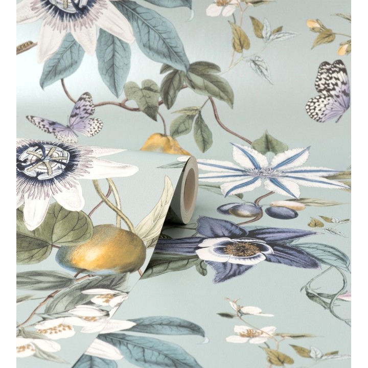 Papel pintado de flores y frutos fondo nácar turquesa - Amber Flowers 681968