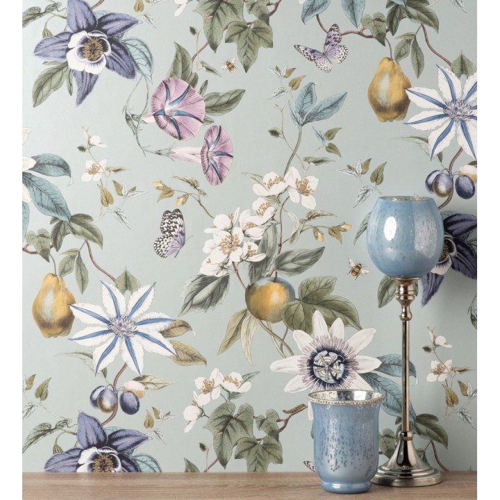 Papel pintado de flores y frutos fondo nácar turquesa - Amber Flowers 681968