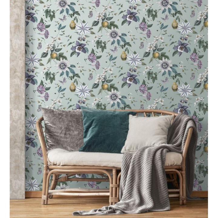 Papel pintado de flores y frutos fondo nácar turquesa - Amber Flowers 681968