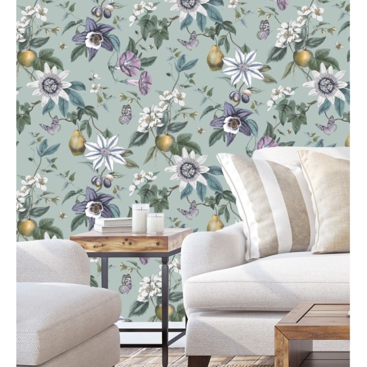 Papel pintado de flores y frutos fondo nácar turquesa - Amber Flowers 681968