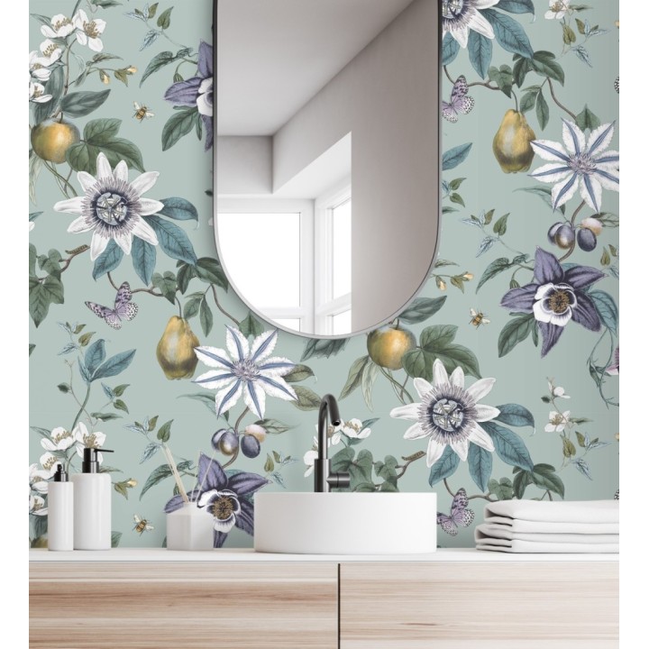 Papel pintado de flores y frutos fondo nácar turquesa - Amber Flowers 681968