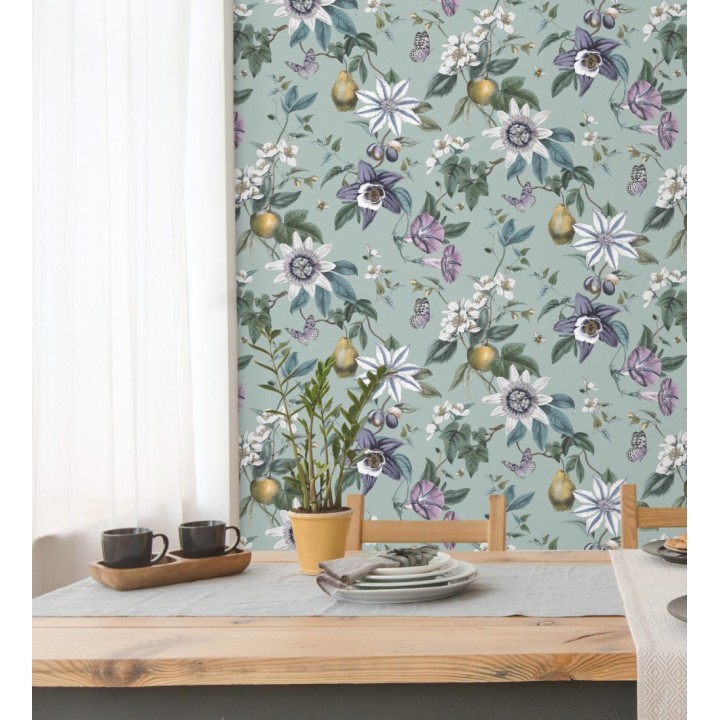 Papel pintado de flores y frutos fondo nácar turquesa - Amber Flowers 681968